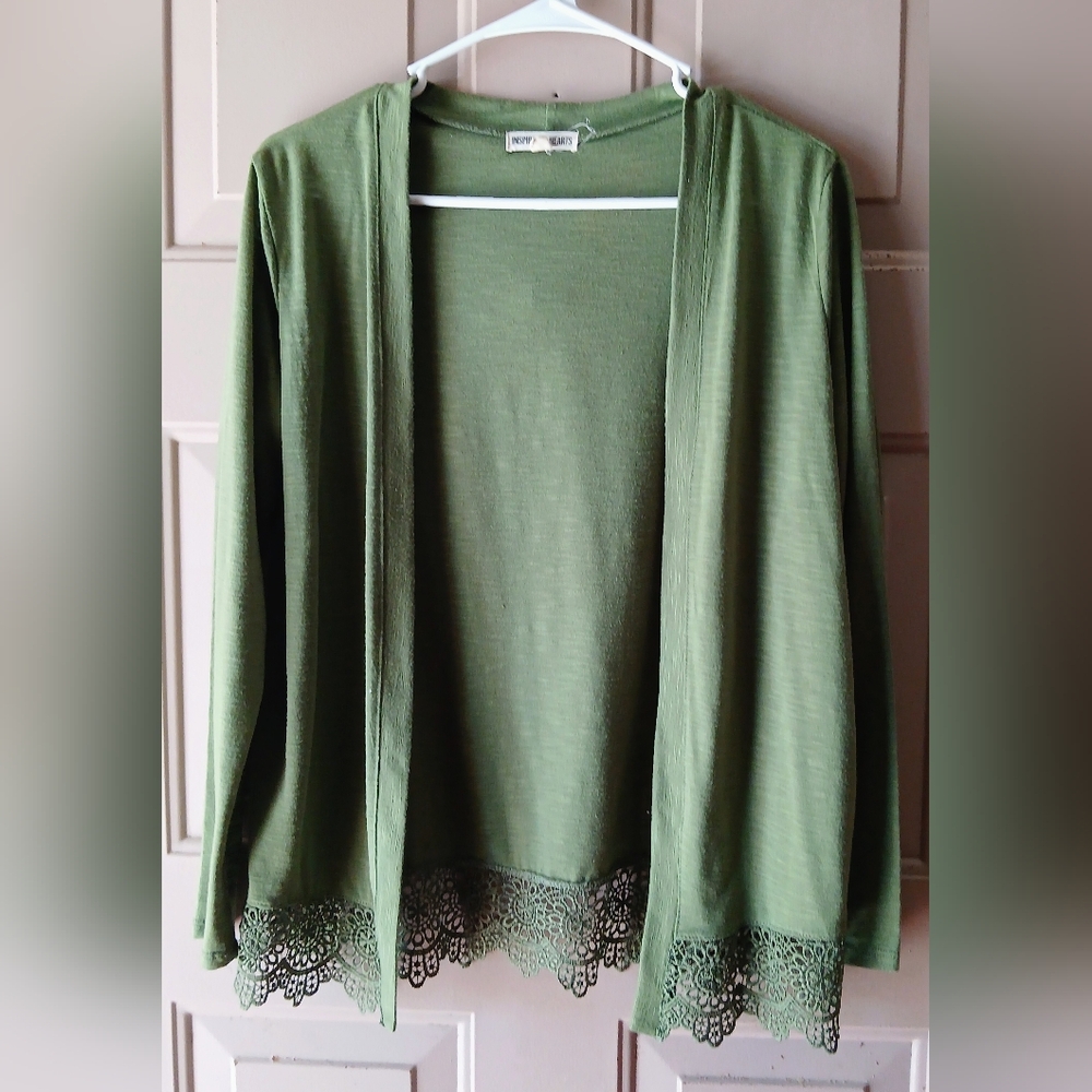 Inspired Hearts Green Cardigan with Lace Detail